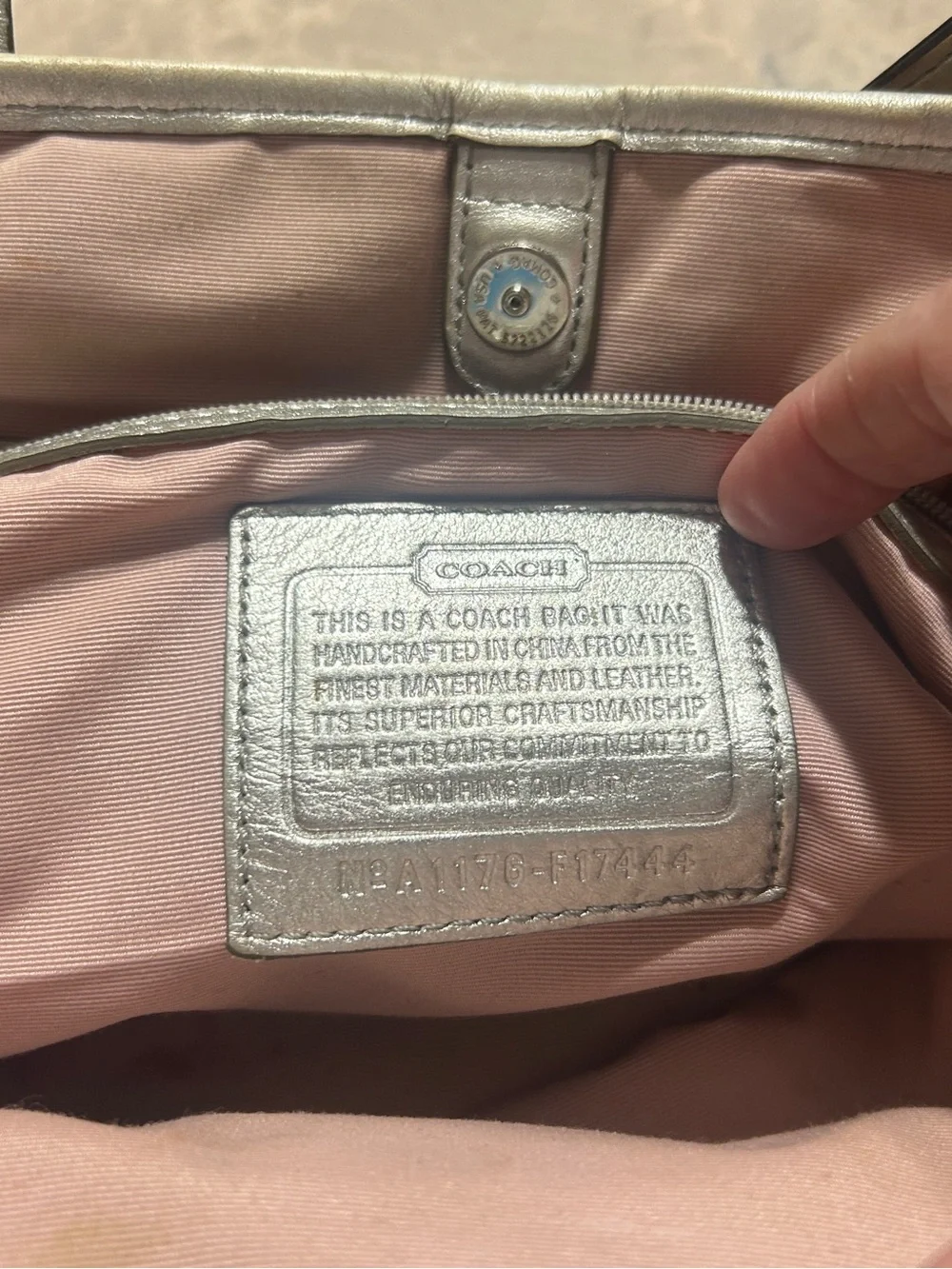 Coach Metallic Silver Leather Creed Patch with Pink Lining